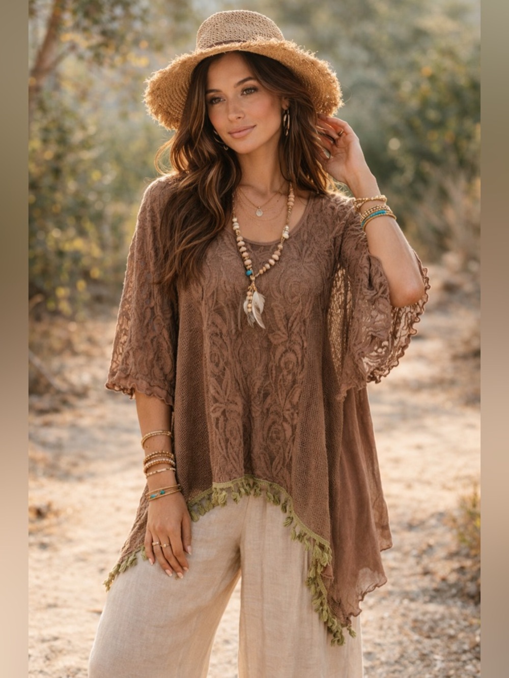 Pretty angel boho brown lace tunic top size medium